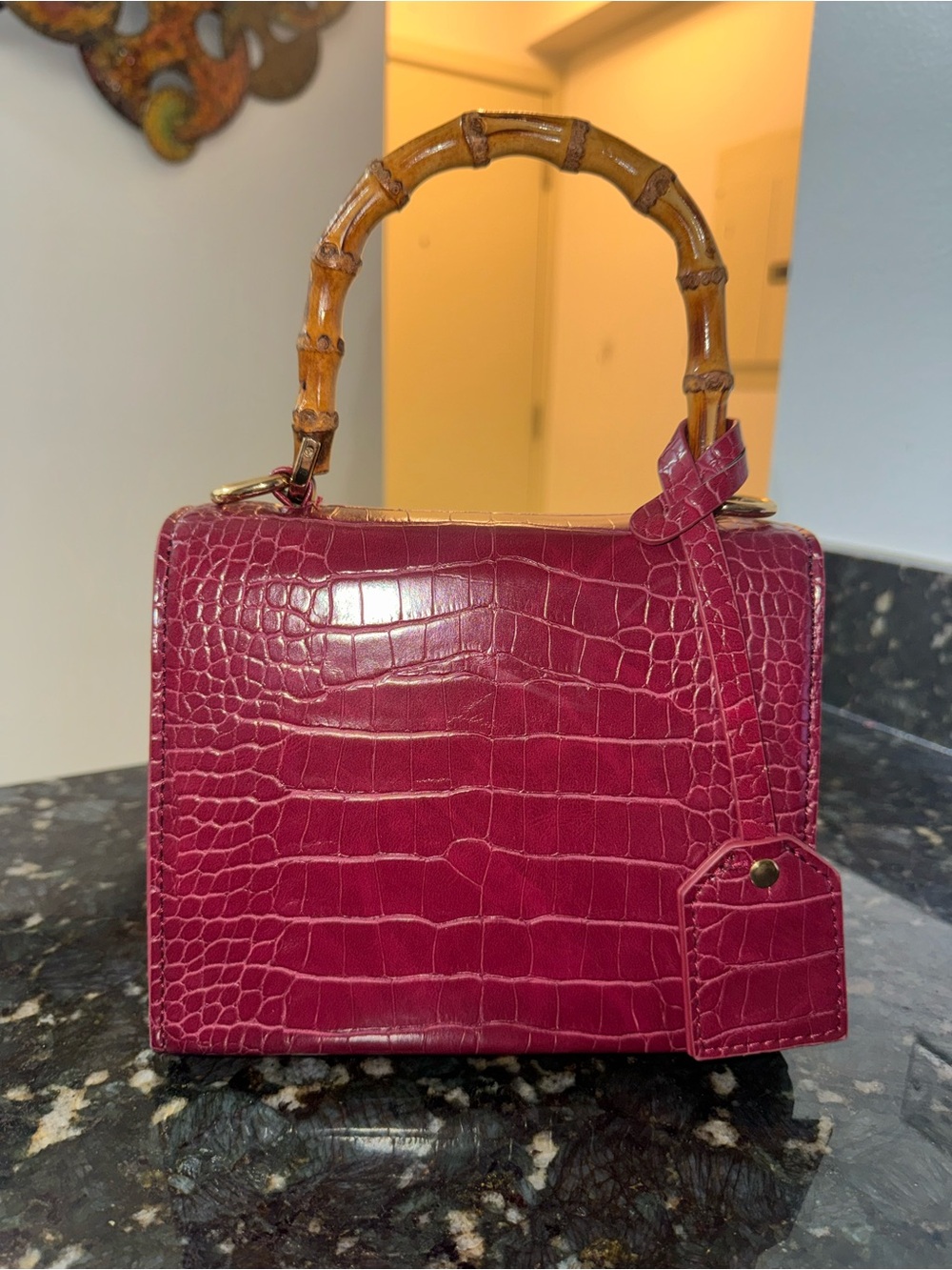 Nathaniel Noir Top-Handle Bag in Deep Berry Croc-Embossed Leather